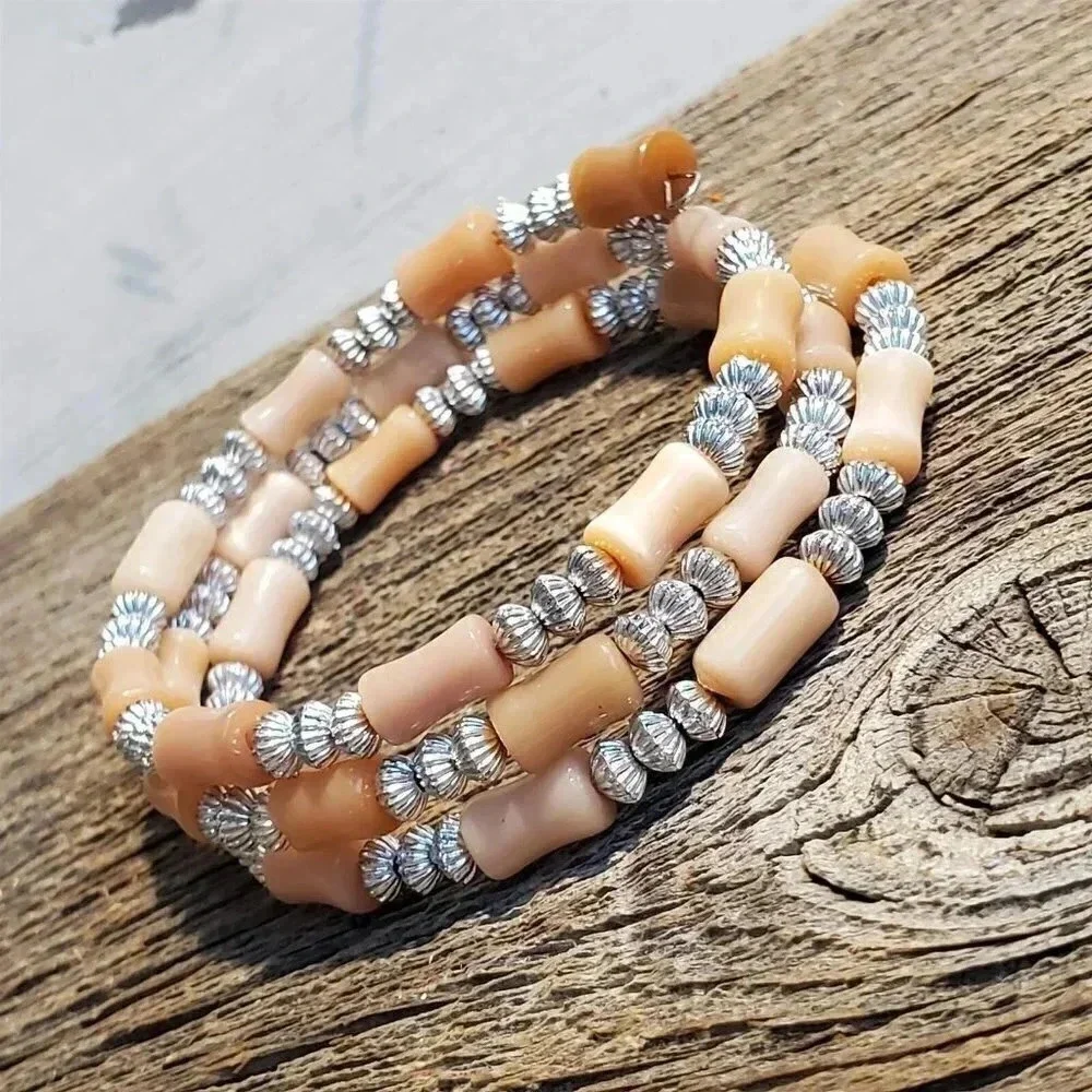 Cat's Eye Glass Vintage Beads Light Peach Pink Memory Wire Wrap Bangle Bracelet